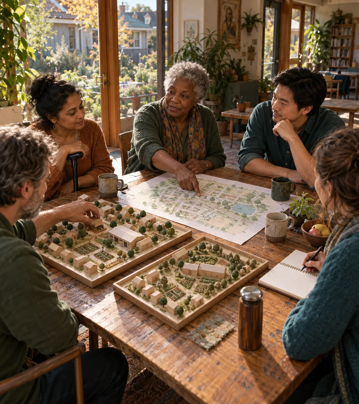 Residents and experts comparing options on a map and model of their town.