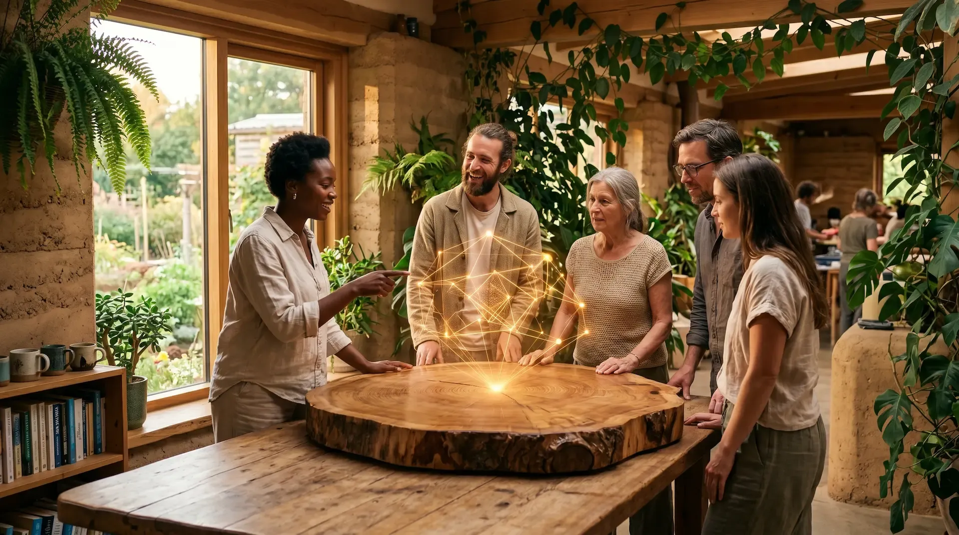 Neighbors planning together, with a shared AI at the table.