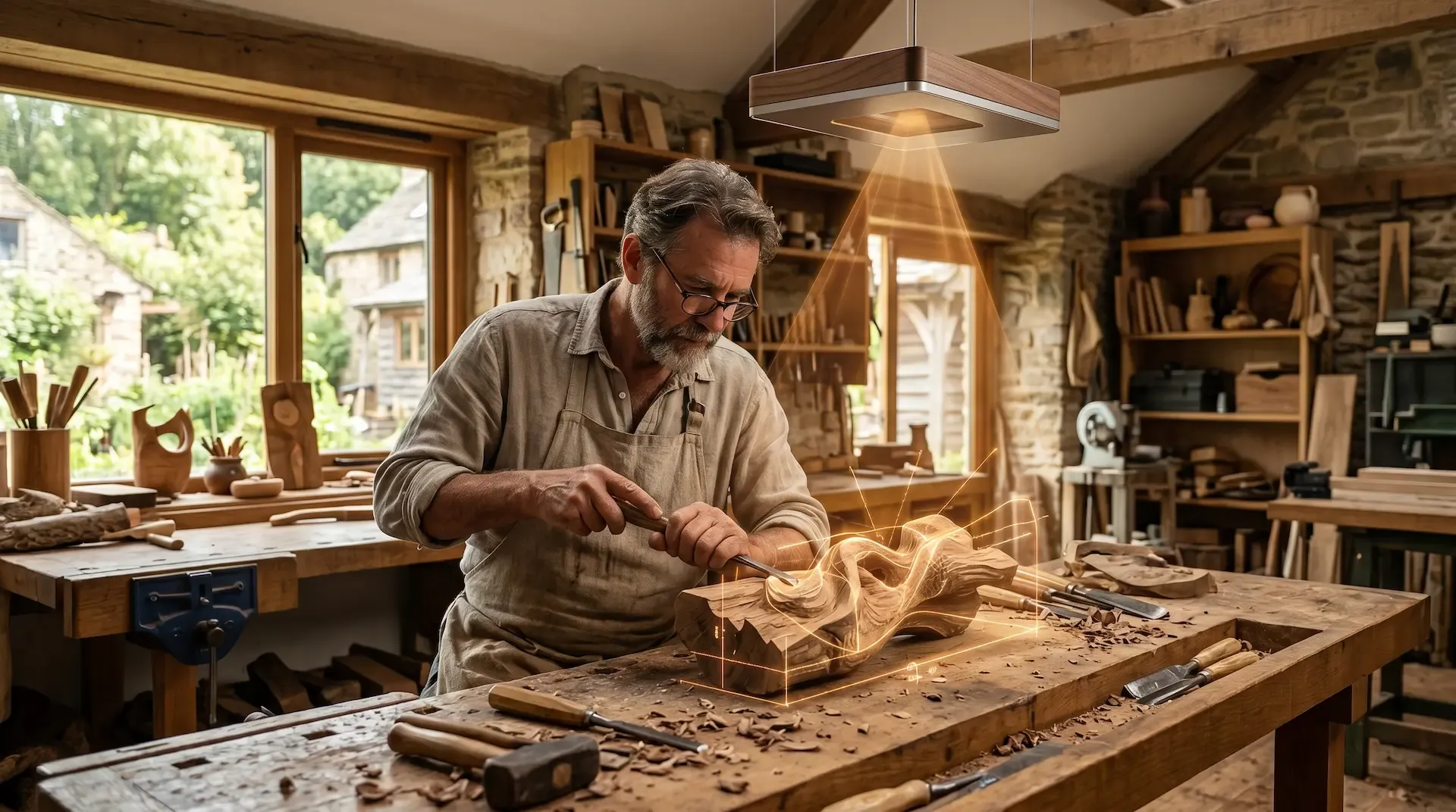 A woodworker guided by AI in a neighborhood workshop.