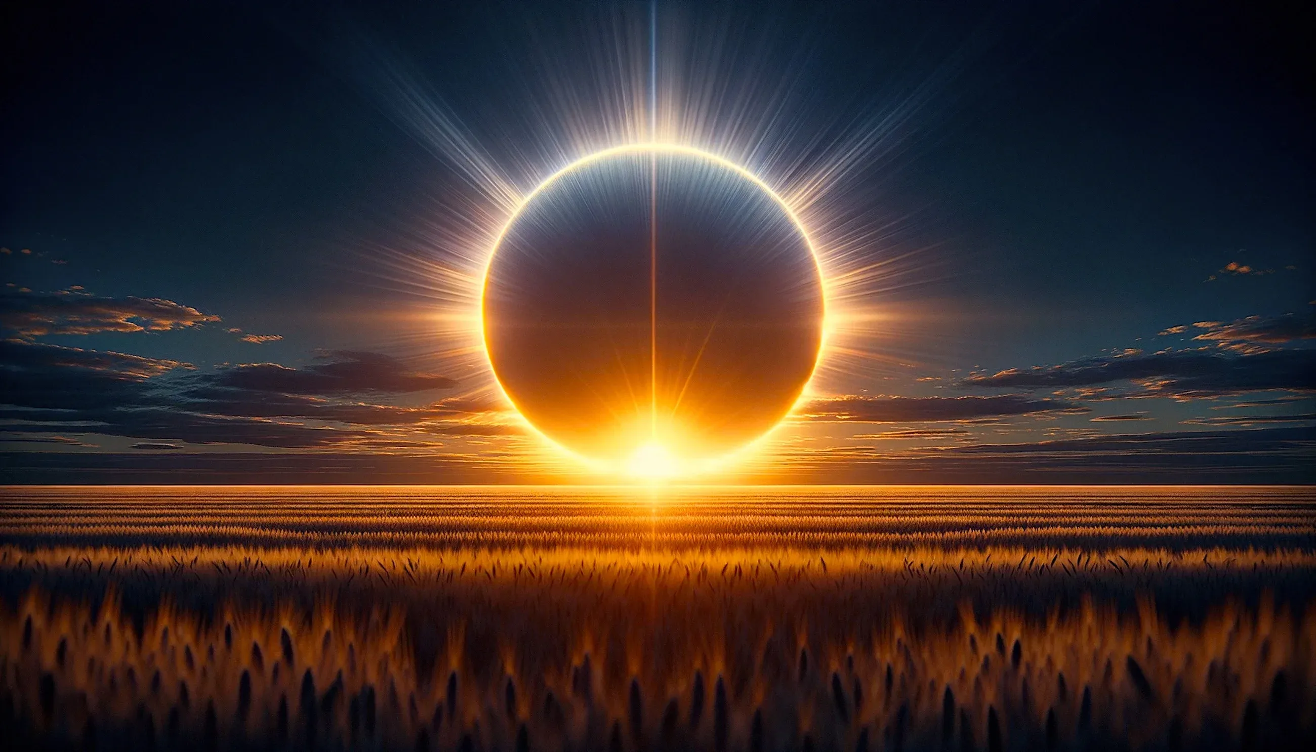 An eclipsed sun rising over a wheat field at dusk